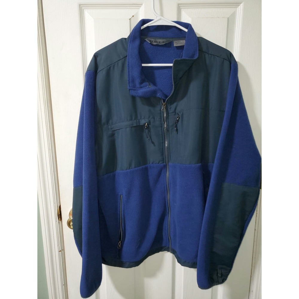 U.S. Life Mens XXL Blue Fleece Full Zip Jacket Nylon Overlay Mock Neck